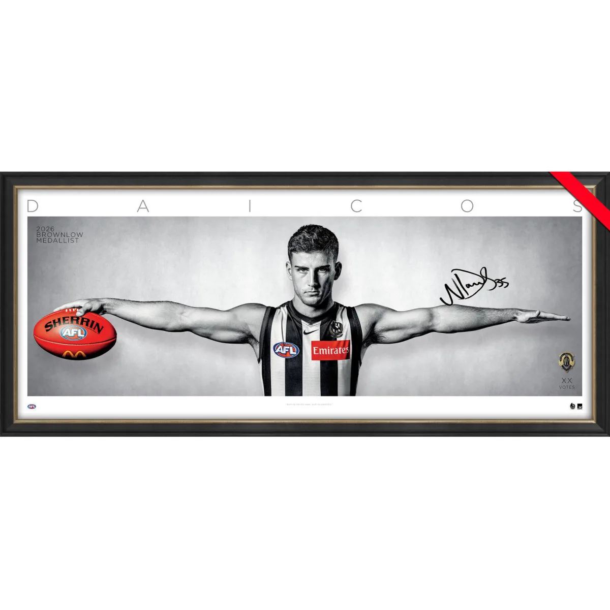 Framed signed print of Nick Daicos in his Collingwood guernsey, arms outstretched, marked 2026 Brownlow Medallist